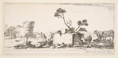 Ilustracja 12: po lewej siedzący kreślarz, obok po prawej stojący pasterz, ruina..., ca. 1641. autorstwa Stefano della Bella