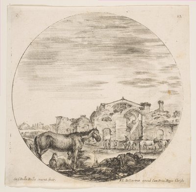 Tablica 12: po prawej śpi pasterz na ziemi, po lewej trzy konie, inne konie..., ok. godz. 1646. autorstwa Stefano della Bella