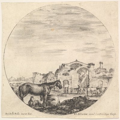 Tablica 12: po prawej śpi pasterz na ziemi, po lewej trzy konie, inne h..., ca. 1643-48. autorstwa Stefano della Bella