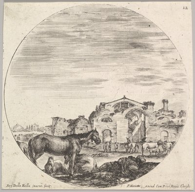 Tablica 12: po prawej śpi pasterz na ziemi, po lewej trzy konie, inne h..., ok. godz. 1643-48. autorstwa Stefano della Bella