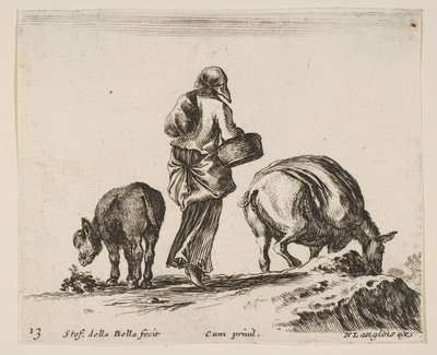 Ilustracja 13: wieśniaczka widziana od tyłu, trzymająca pośrodku kosz, osioł..., ok. godz. 1644-47. autorstwa Stefano della Bella
