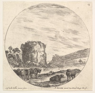 Tablica 13: w tle ruiny antycznej świątyni, na przedpolu stado krów..., ok. godz. 1643-48. autorstwa Stefano della Bella