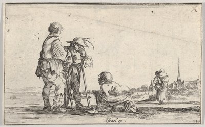 Tablica 13: dwóch chłopów stojących po lewej stronie, pośrodku klęczący kaleka na ziemi, a..., ca. 1642. autorstwa Stefano della Bella