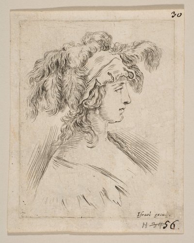 Płyta 15: popiersie młodej kobiety z profilu w kapeluszu zwieńczonym piórami, przed..., ok. godz. 1649. autorstwa Stefano della Bella
