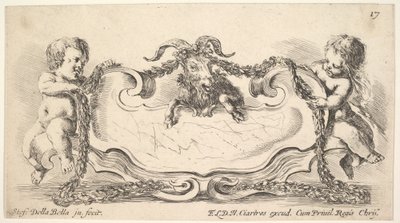 Tablica 17: kartusz z marmurowym środkiem, po obu stronach niemowlę trzymające wianek z pieca..., 1646. autorstwa Stefano della Bella