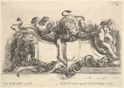 Tablica 18: kartusz z pustym herbem, dwie lwice, jedna po lewej i jedna w cent..., 1646. autorstwa Stefano della Bella
