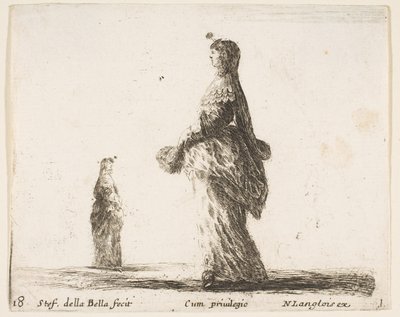 Ilustracja 18: szlachcianka idąca w lewo z wachlarzem z piórami, inna kobieta..., ok. godz. 1644-47. autorstwa Stefano della Bella