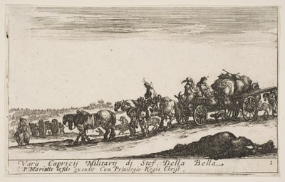 Ilustracja 1: Wóz konny wiozący ludzi i towary, na pierwszym planie martwy koń, k..., ok. godz. 1641. autorstwa Stefano della Bella