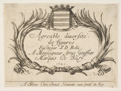 Płyta 1: Dwie palmy i herb otaczają tytuł i dedykację, strona tytułowa „Vari..., 1642”. autorstwa Stefano della Bella