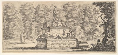 Tablica 1: pomnik z posągami i herbem pośrodku, rysownik na..., ok. godz. 1641. autorstwa Stefano della Bella