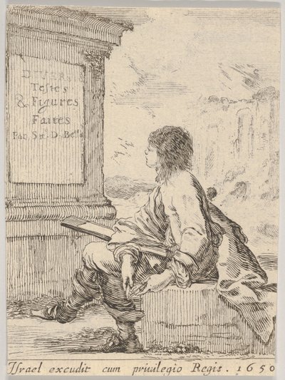 Płyta 1: młody mężczyzna siedzący na kamieniu, zwrócony w lewo z profilu, trzymający blok do rysowania w ..., 1650. autorstwa Stefano della Bella