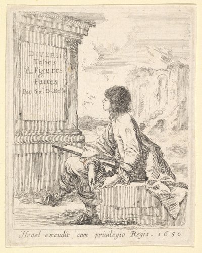 Płyta 1: młody mężczyzna siedzący na kamieniu, zwrócony w lewo z profilu, trzymający blok do rysowania w ..., 1650. autorstwa Stefano della Bella