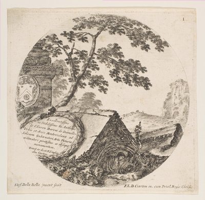 Tablica 1: fragmenty z antycznych zabytków, z rzymskich pejzaży i ruin Paysages..., ca. 1646. autorstwa Stefano della Bella