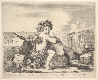 Tabliczka 1: geniusz rysunku, dziecko ze skrzydłami, usadowione na kamieniu pośrodku zwróconego..., ca. 1641. autorstwa Stefano della Bella