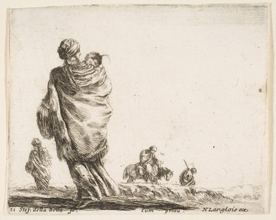 Ilustracja 21: biedna kobieta po lewej, widziana z tyłu, owijająca swoje dziecko szalem..., ok. godz. 1644-47. autorstwa Stefano della Bella