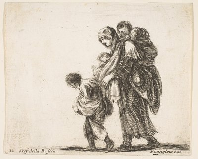 Ilustracja 22: żebraczka z trójką dzieci, jedno dziecko na ramionach, jedno dziecko..., ok. godz. 1644-47. autorstwa Stefano della Bella