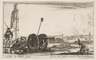 Ilustracja 2: Działo po lewej, w tle miasto, z Różnych Kaprysów Wojskowych..., ok. godz. 1641. autorstwa Stefano della Bella