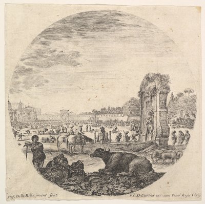 Ilustracja 2: Campo Vaccino, bawół i dwóch pasterzy w środku, Fontanone do rig..., ca. 1643-48. autorstwa Stefano della Bella