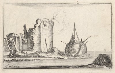 Ilustracja 2: statek po prawej i łódź wiosłowa po lewej, wyrzucone na brzeg, wieża w ruinie b..., ca. 1642. autorstwa Stefano della Bella