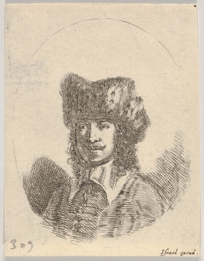 Ilustracja 2: głowa mężczyzny z wąsami i futrzaną czapką w lewo, kompozycja owalna, z..., 1650. autorstwa Stefano della Bella