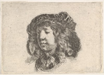 Tabliczka 34: głowa młodzieńca w czapce ozdobionej kilkoma piórami, obrócona o trzy czwarte..., ca. 1646. autorstwa Stefano della Bella