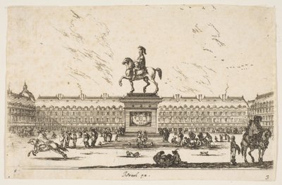 Płyta 3: La Place Royale, konny posąg Ludwika XIII z profilu zwróconego w lewo w ce..., 1642. autorstwa Stefano della Bella