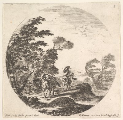 Obraz 3: wichura w lesie, dwóch jeźdźców owiniętych w peleryny, wieje pochmurno, ok. godz. 1643-48. autorstwa Stefano della Bella