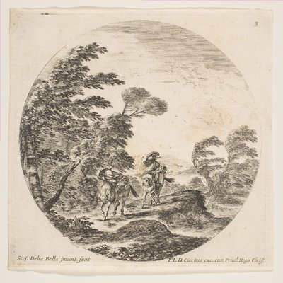 Tablica 3: wichura w lesie, dwóch jeźdźców owiniętych w płaszcze, z powiewem wiatru, ok. godz. 1646. autorstwa Stefano della Bella