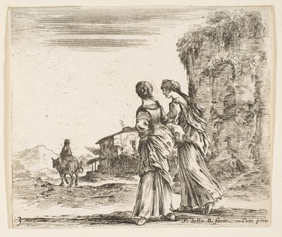 Zdjęcie 3: dwie dziewczyny idące w lewo, widziane z tyłu, kobieta na koniu t..., ok. godz. 1644-47. autorstwa Stefano della Bella