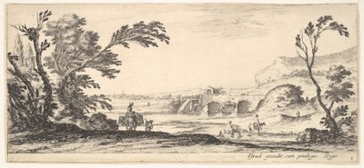 Ilustracja 3: dwóch jeźdźców przeprawiających się przez rzekę w prawo, kobieta z dwoma koszami na osiołku..., ca. 1641. autorstwa Stefano della Bella