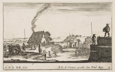 Tablica 4: Obóz wojskowy z żołnierzem stojącym na parapecie po prawej stronie beati..., ok. godz. 1641. autorstwa Stefano della Bella