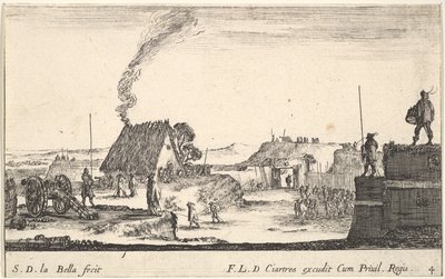 Tablica 4: Obóz wojskowy z żołnierzem stojącym na parapecie po prawej stronie beati..., ok. godz. 1641. autorstwa Stefano della Bella