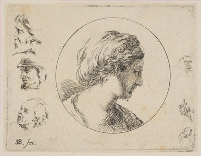 Tablica 4: Głowa kobiety z profilu, z Drugiej kolekcji różnych gryzmołów i et..., ca. 1646. autorstwa Stefano della Bella