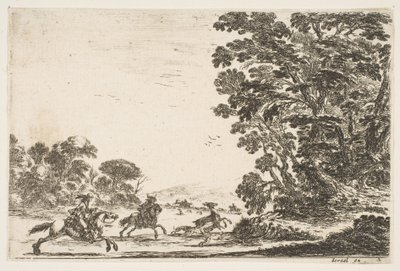 Tablica 4: polowanie na jelenie, dwóch jeźdźców galopujących w lewo za trzema psami i jeleniem..., 1642. autorstwa Stefano della Bella