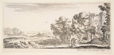 Tablica 4: dwaj pielgrzymi obserwujący ruiny po prawej stronie, jeden skierowany w prawo, owczarek..., ca. 1641. autorstwa Stefano della Bella