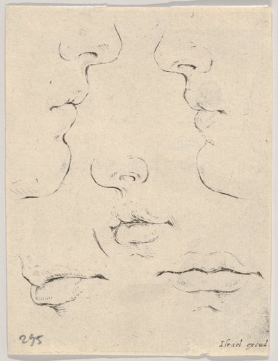 Tablica 4: dwa profile i trzy usta, z Księgi do nauki rysowania Livre po..., ca. 1649. autorstwa Stefano della Bella