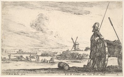 Ilustracja 5: Pikinierz stojący tuż przy kanonie, inne figury wojskowe w ba..., ok. godz. 1641. autorstwa Stefano della Bella