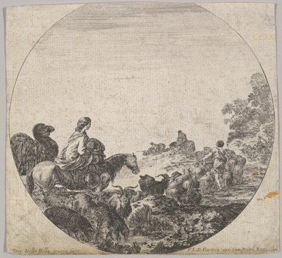 Ilustracja 5: kobieta niosąca dziecko na koniu w lewo, za nią wielbłąd, stado..., ok. godz. 1643-48. autorstwa Stefano della Bella