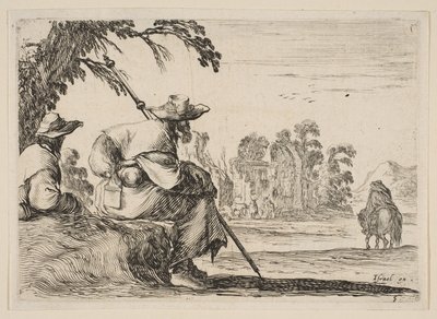 Tablica 5: dwaj pielgrzymi w kapeluszach odpoczywają po lewej stronie, widziani z tyłu, jeździec jedzie w kierunku..., 1642. autorstwa Stefano della Bella