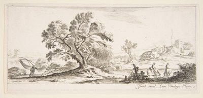 Ilustracja 6: rybak niosący sieć po lewej, dwóch jeźdźców w strumieniu po prawej, drzewo..., ok. godz. 1641. autorstwa Stefano della Bella