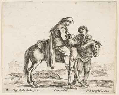 Tabliczka 6: chłop na koniu w profilu zwróconym w prawo, trzymający kosz i t..., ca. 1644-47. autorstwa Stefano della Bella