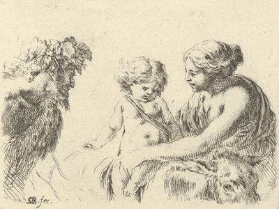 Ilustracja 6: kobieta po prawej trzymająca dziecko siedzące na osiołku, satyr w l..., ca. 1646. autorstwa Stefano della Bella