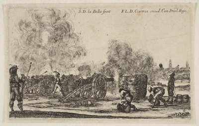Płyta 6: bateria armat strzelających na miasto, z Różnych Kaprysów Wojskowych Varii..., ca. 1641. autorstwa Stefano della Bella