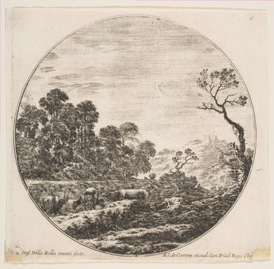 Ilustracja 6: krowy przechodzące dolinę po lewej, jeździec i inne krowy w tle..., ok. godz. 1646. autorstwa Stefano della Bella