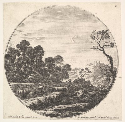Ilustracja 6: krowy przechodzące dolinę po lewej, grupa drzew po lewej, jeździec i..., ca. 1643-48. autorstwa Stefano della Bella