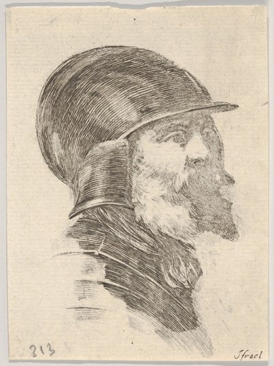 Ilustracja 6: głowa starego brodatego żołnierza w hełmie w prawo, z książki Różne głowy..., s. 1650. autorstwa Stefano della Bella