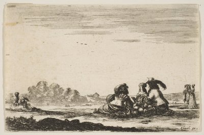 Ilustracja 7: Dwóch szlachciców siedzących pośrodku, widzianych z tyłu, rozmawiających ze szlachcianką morze..., 1642. autorstwa Stefano della Bella