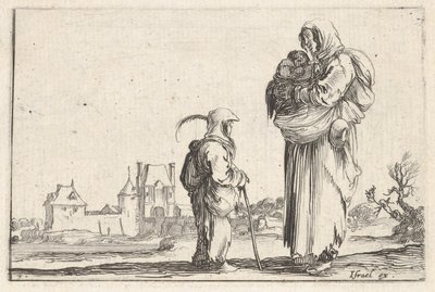 Ilustracja 7: wieśniaczka niosąca dziecko w prawo, rozmawiająca z innym stojącym dzieckiem..., ok. godz. 1642. autorstwa Stefano della Bella