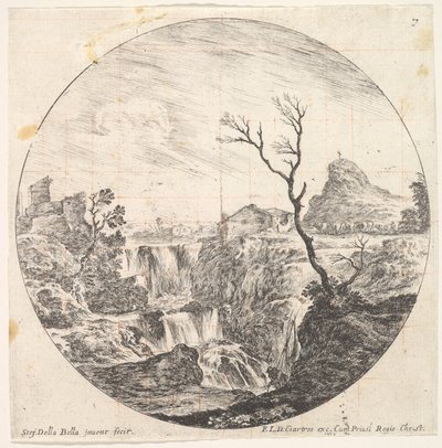 Ilustracja 7: potrójny wodospad, po prawej martwe drzewo, góra i stado krów do..., ca. 1643-48. autorstwa Stefano della Bella