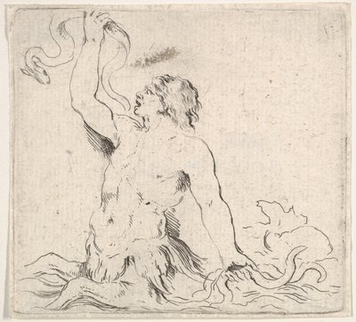 Płyta 7: tryton w wodzie, zwrócony w lewo, trzymający węgorza w prawej ręce i t..., ca. 1646. autorstwa Stefano della Bella